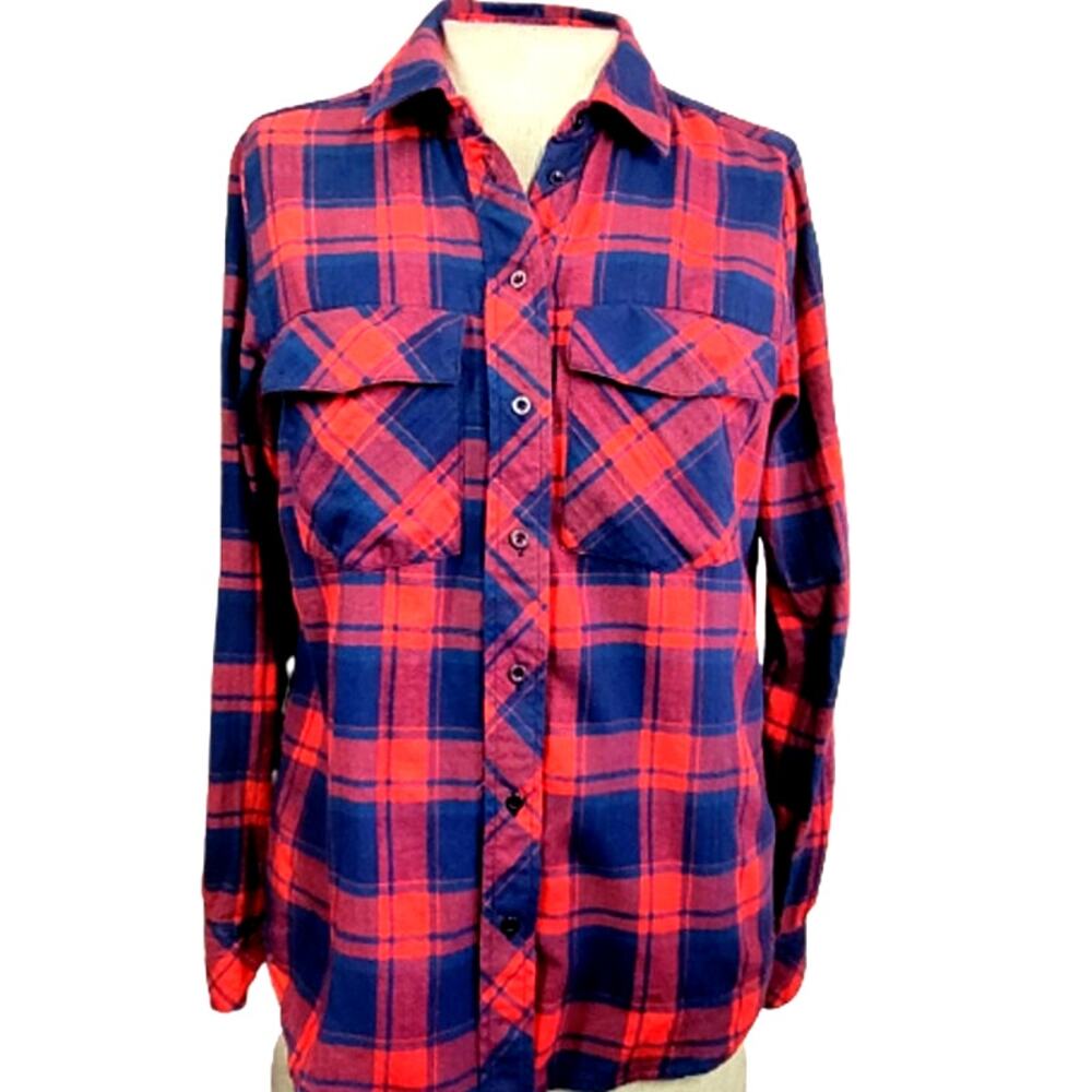 Blue and Red Plaid Button Up Flannel Shirt Size Small